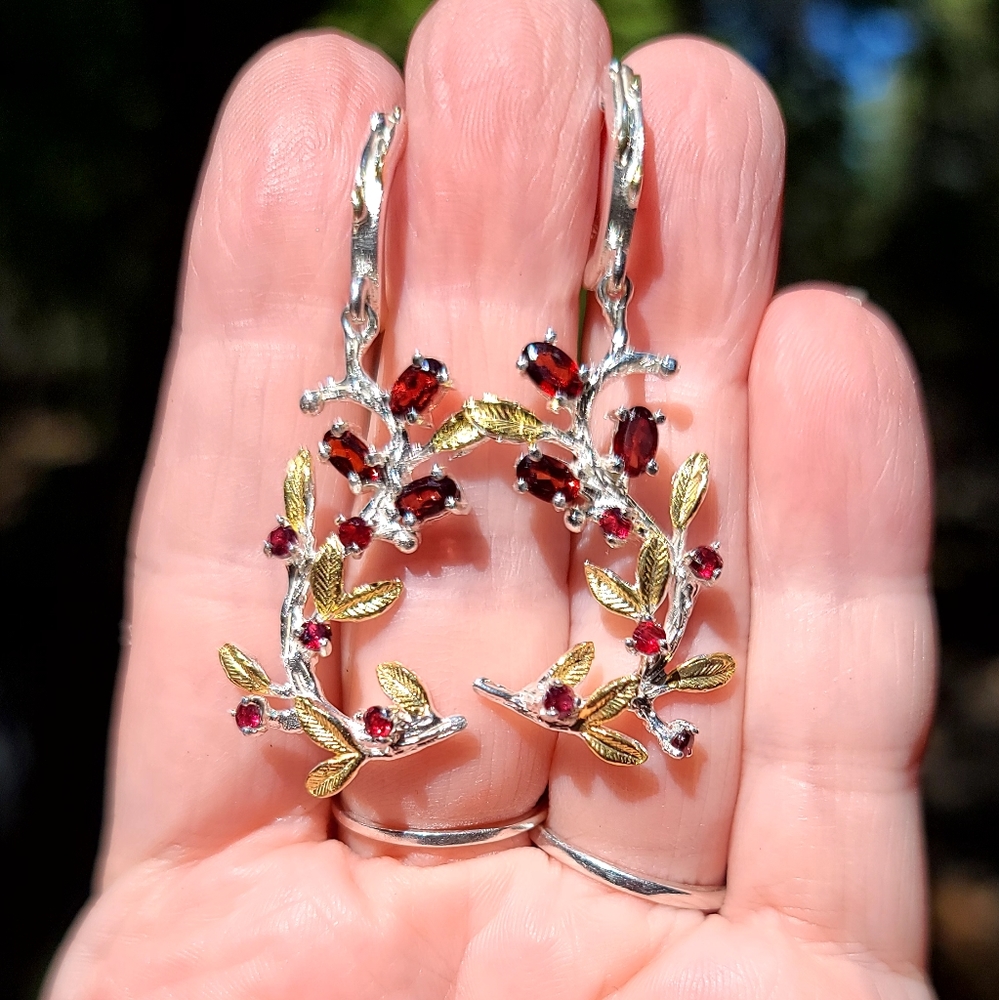 Gorgeous Garnet & Rhodolite sterling & gold floral chandelier earrings - Picture 1 of 6